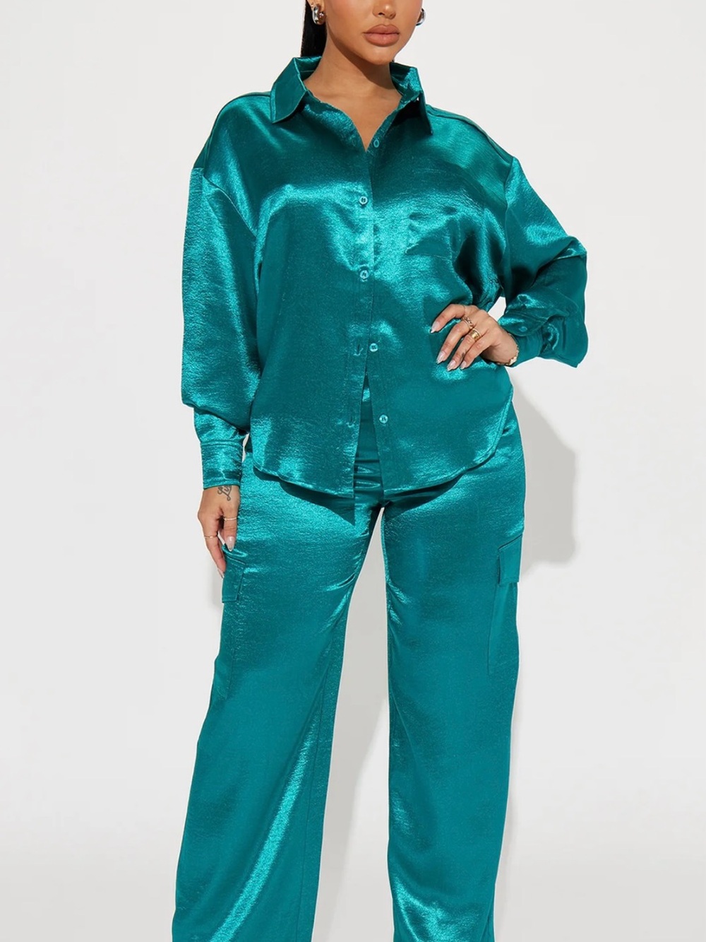 Fashion Nova Teal Satin Straight Leg Pants & Shirt Set